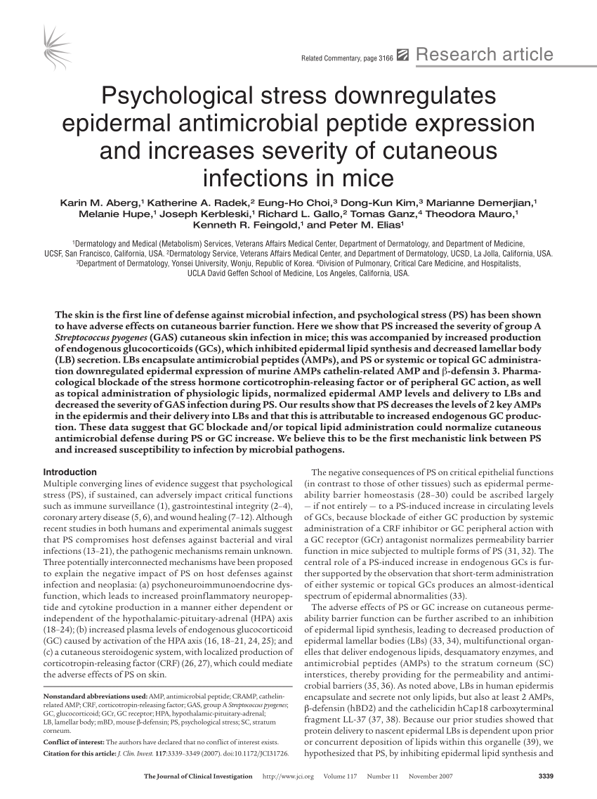 PDF) Psychological stress downregulates epidermal antimicrobial peptide  expression and increases severity of cutaneous infections in mice