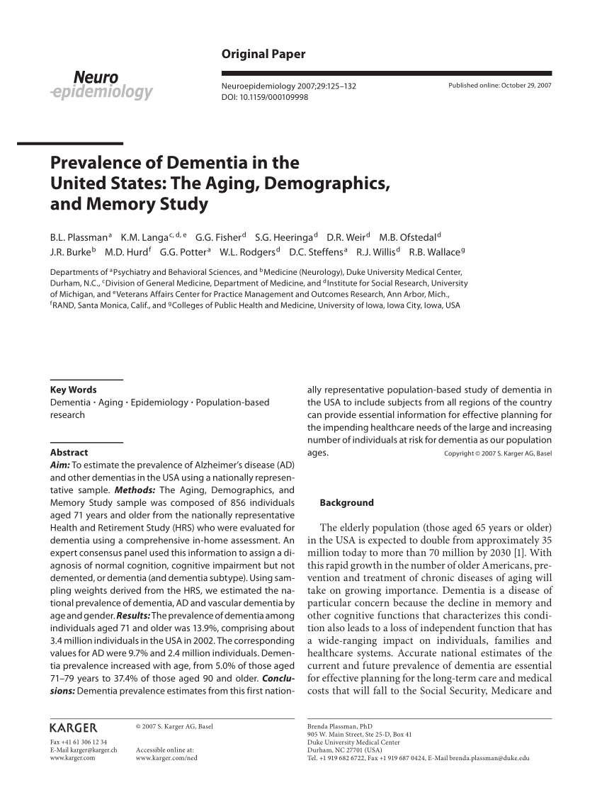 Pdf Prevalence Of Dementia In The United States The Aging Demographics And Memory Study