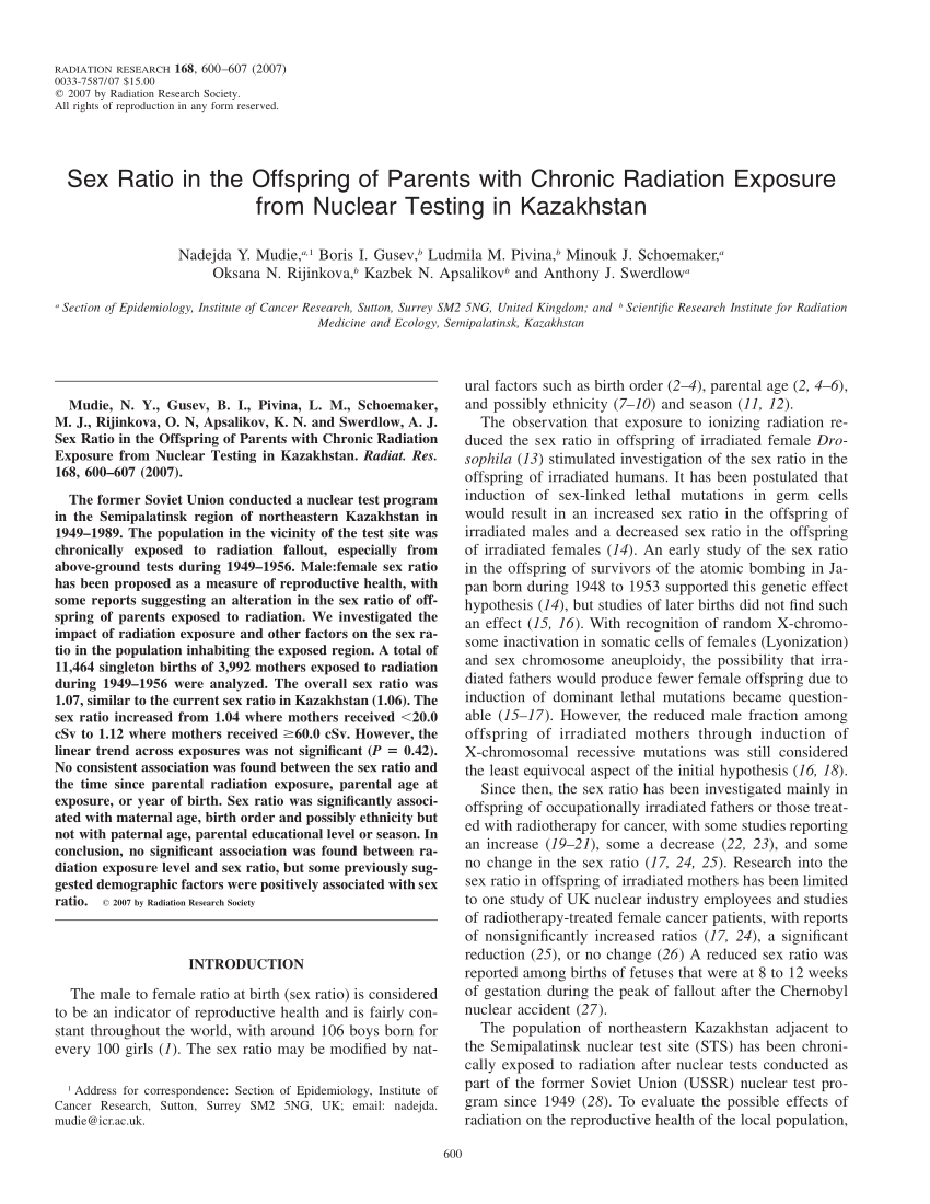 PDF) Sex Ratio in the Offspring of Parents with Chronic Radiation Exposure  from Nuclear Testing in Kazakhstan