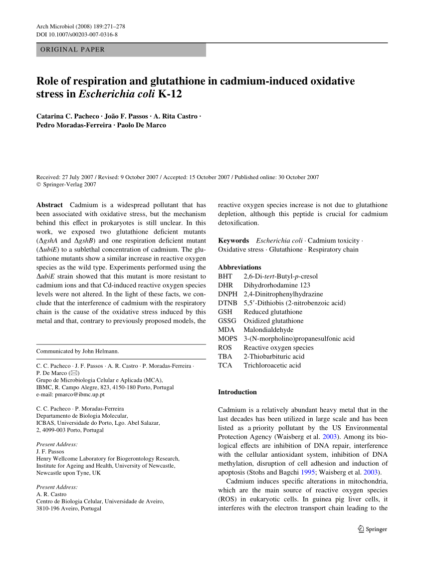 Pdf Role Of Respiration And Glutathione In Cadmium Induced Oxidative Stress In Escherichia Coli K 12