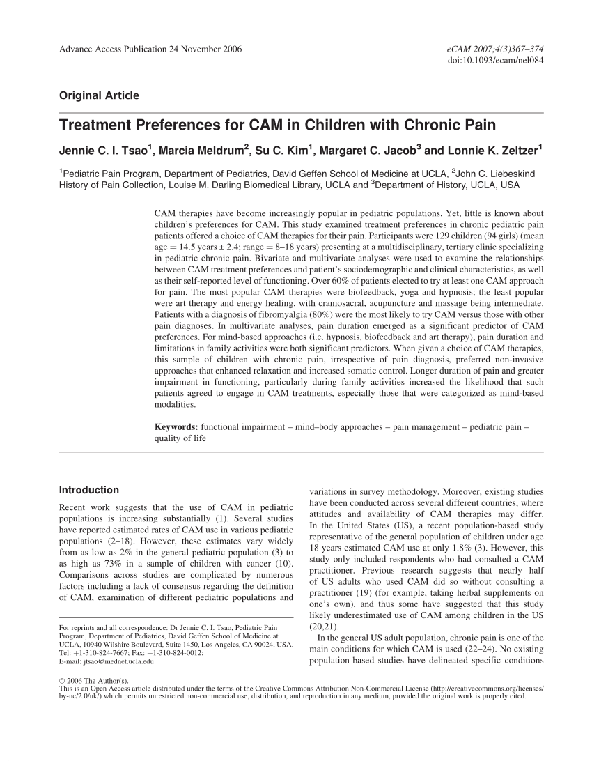 (PDF) Treatment Preferences for CAM in Children with Chronic Pain