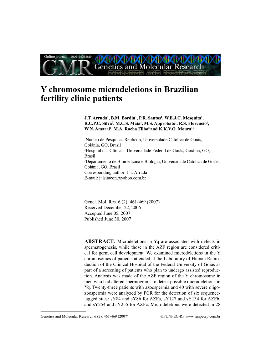 Pdf Y Chromosome Microdeletions In Brazilian Fertility Clinic Patients