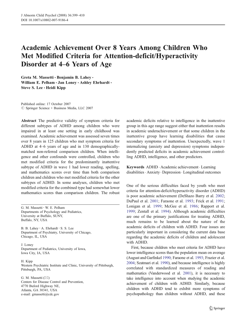 Orkan Baglæns Foresee PDF) Academic Achievement Over 8 Years Among Children Who Met Modified  Criteria for Attention-deficit/Hyperactivity Disorder at 4–6 Years of Age