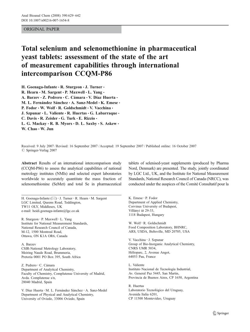 Pdf Total Selenium And Selenomethionine In Pharmaceutical Yeast Tablets Assessment Of The State Of The Art Of Measurement Capabilities Through International Intercomparison Ccqm P86