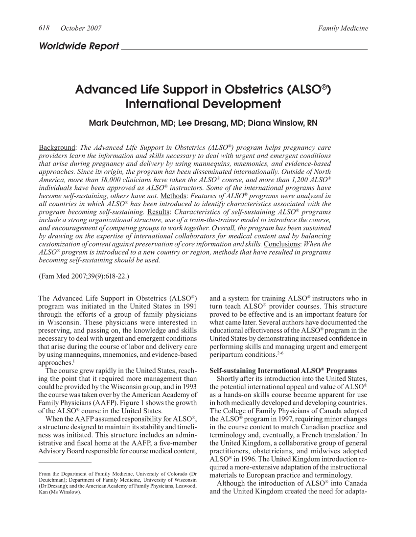 (PDF) Advanced Life Support in Obstetrics (ALSO®) international development