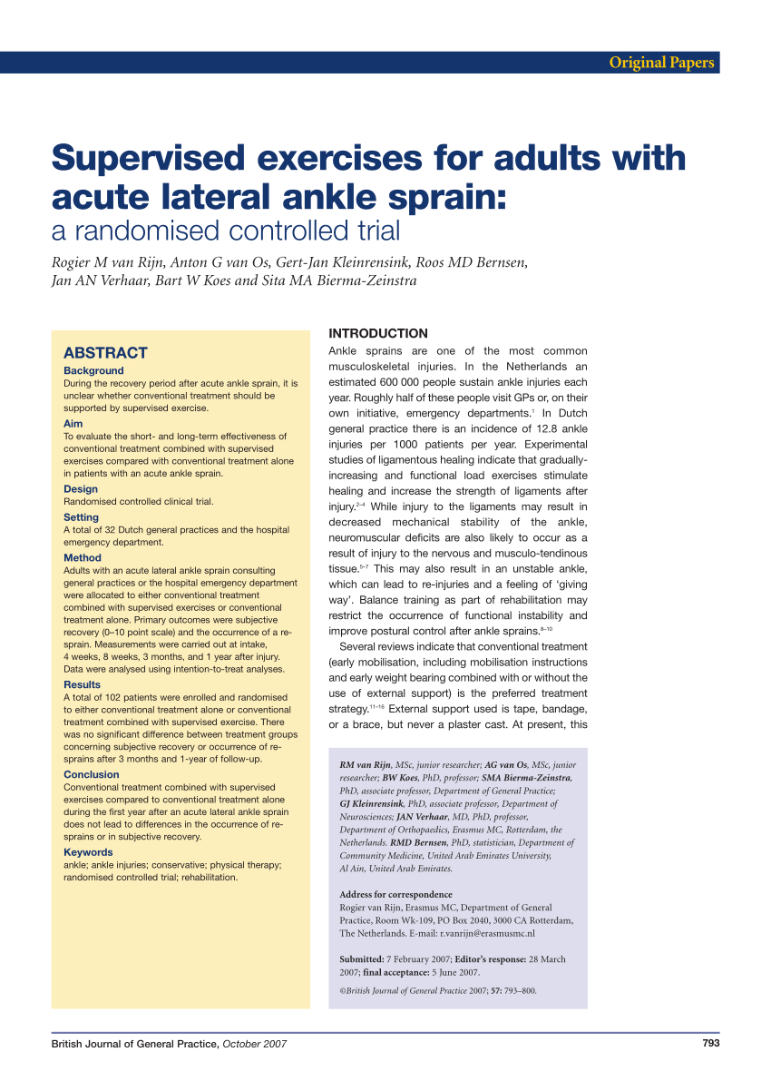 PDF) Supervised exercises for adults with acute lateral ankle sprain: A  randomised controlled trial