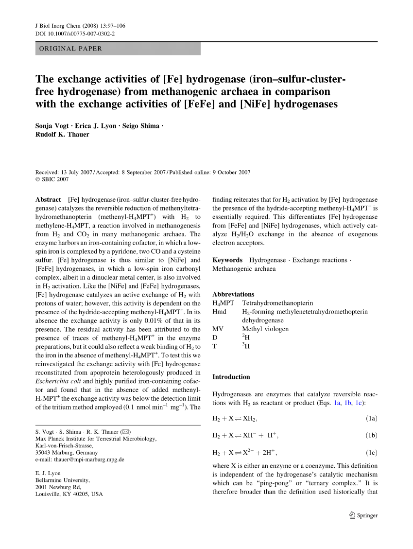 (PDF) The exchange activities of [Fe] hydrogenase (ironsulfurcluster