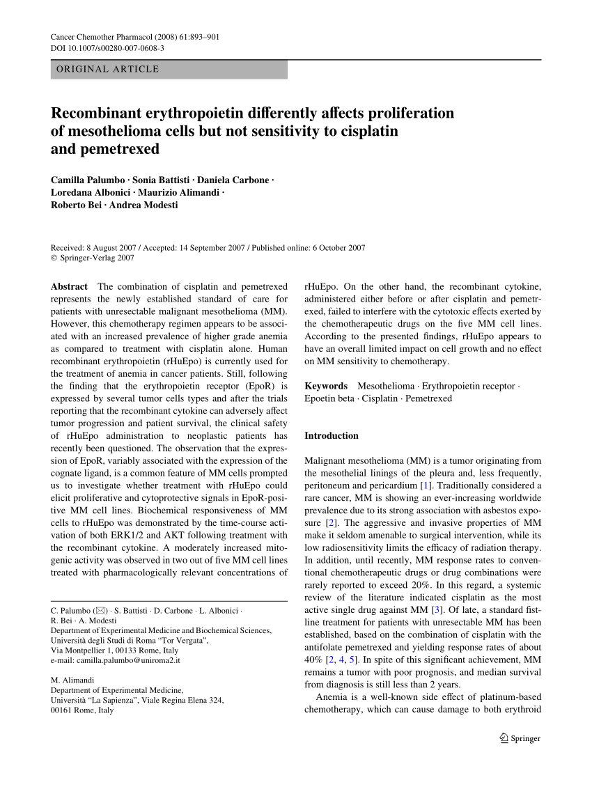 PDF) Recombinant erythropoietin differently affects proliferation of  mesothelioma cells but not sensitivity to cisplatin and pemetrexed