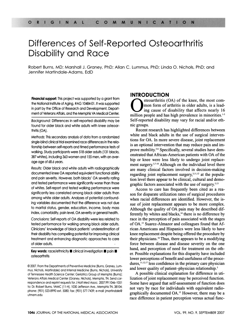 (PDF) Differences of selfreported osteoarthritis disability and race