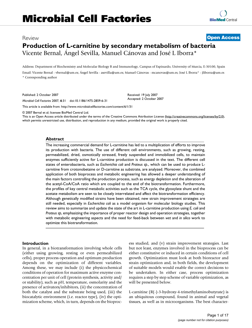 Pdf Production Of L Carnitine By Secondary Metabolism Of Bacteria
