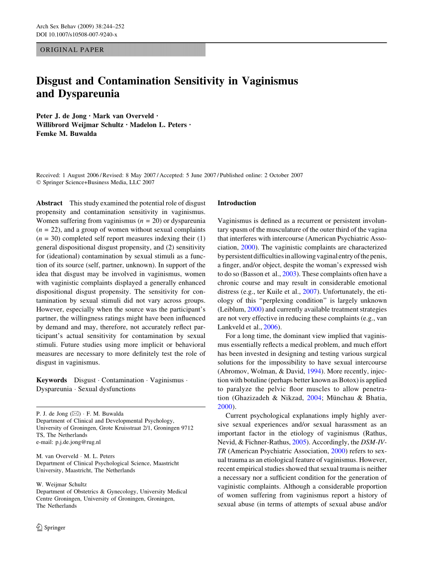 Pdf Disgust Sensitivity Contamination In Vaginismus And Dyspareunia 3987