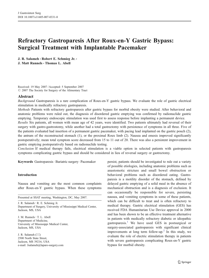 Pdf Refractory Gastroparesis After Roux En Y Gastric Bypass Surgical Treatment With Implantable Pacemaker