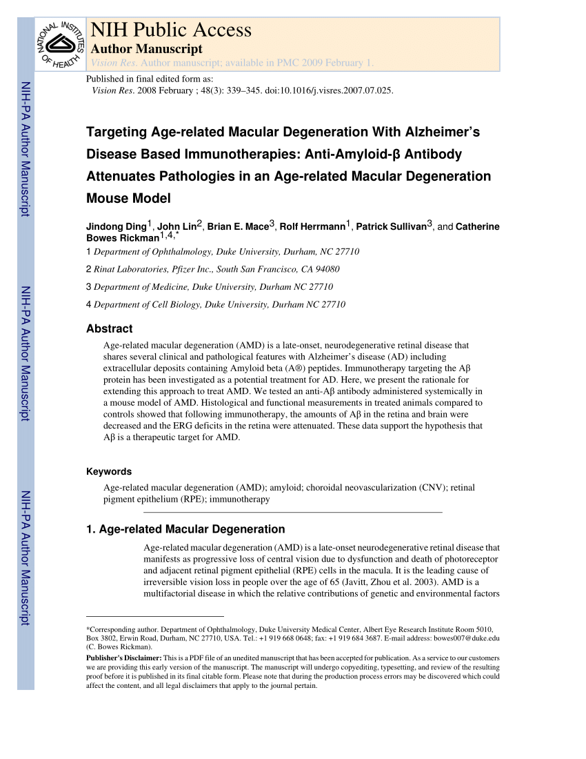 Pdf Targeting Age Related Macular Degeneration With Alzheimer S Disease Based Immunotherapies Anti Amyloid B Antibody Attenuates Pathologies In An Age Related Macular Degeneration Mouse Model