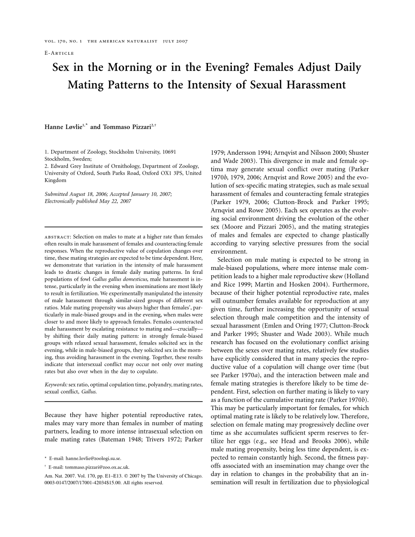 PDF) Sex in the Morning or in the Evening? Females Adjust Daily Mating  Patterns to the Intensity of Sexual Harassment