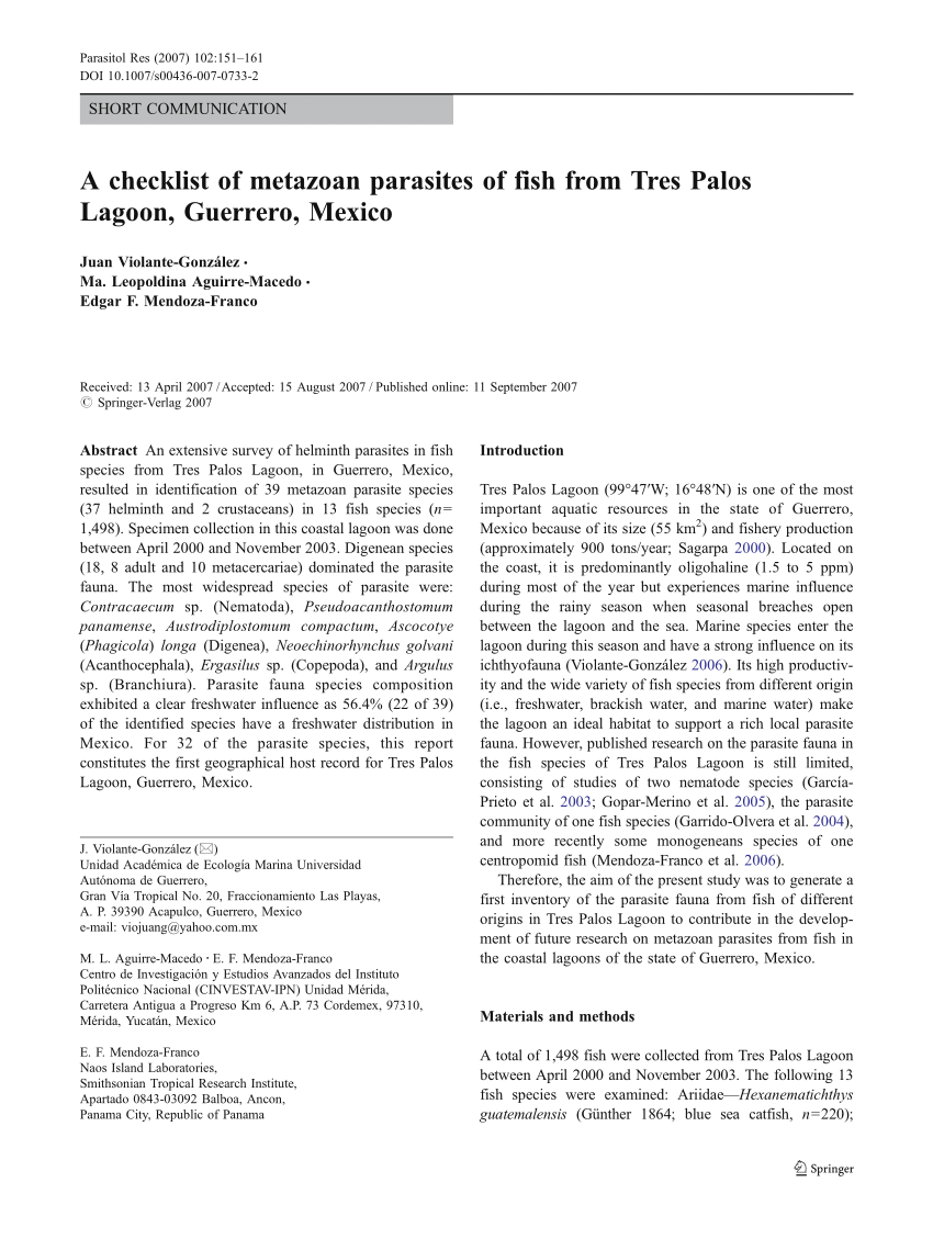 Pdf A Checklist Of Metazoan Parasites Of Fish From Tres Palos Lagoon Guerrero Mexico