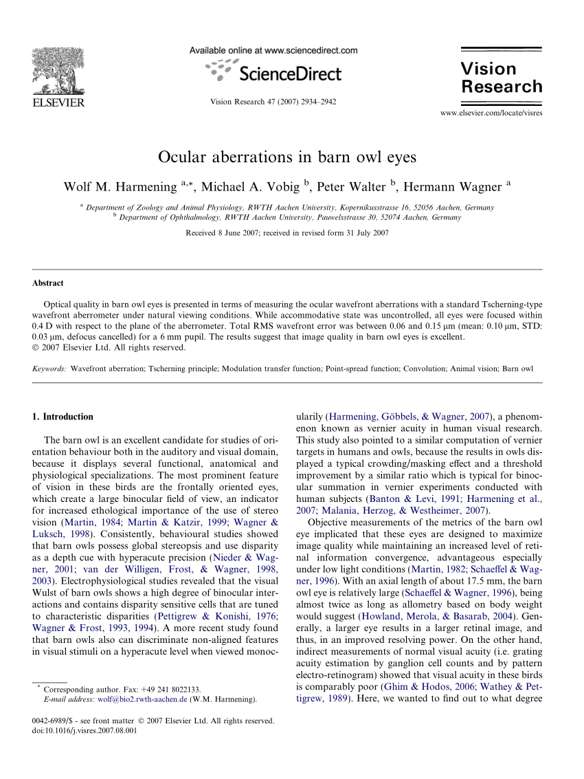 Pdf Ocular Aberrations In Barn Owl Eyes