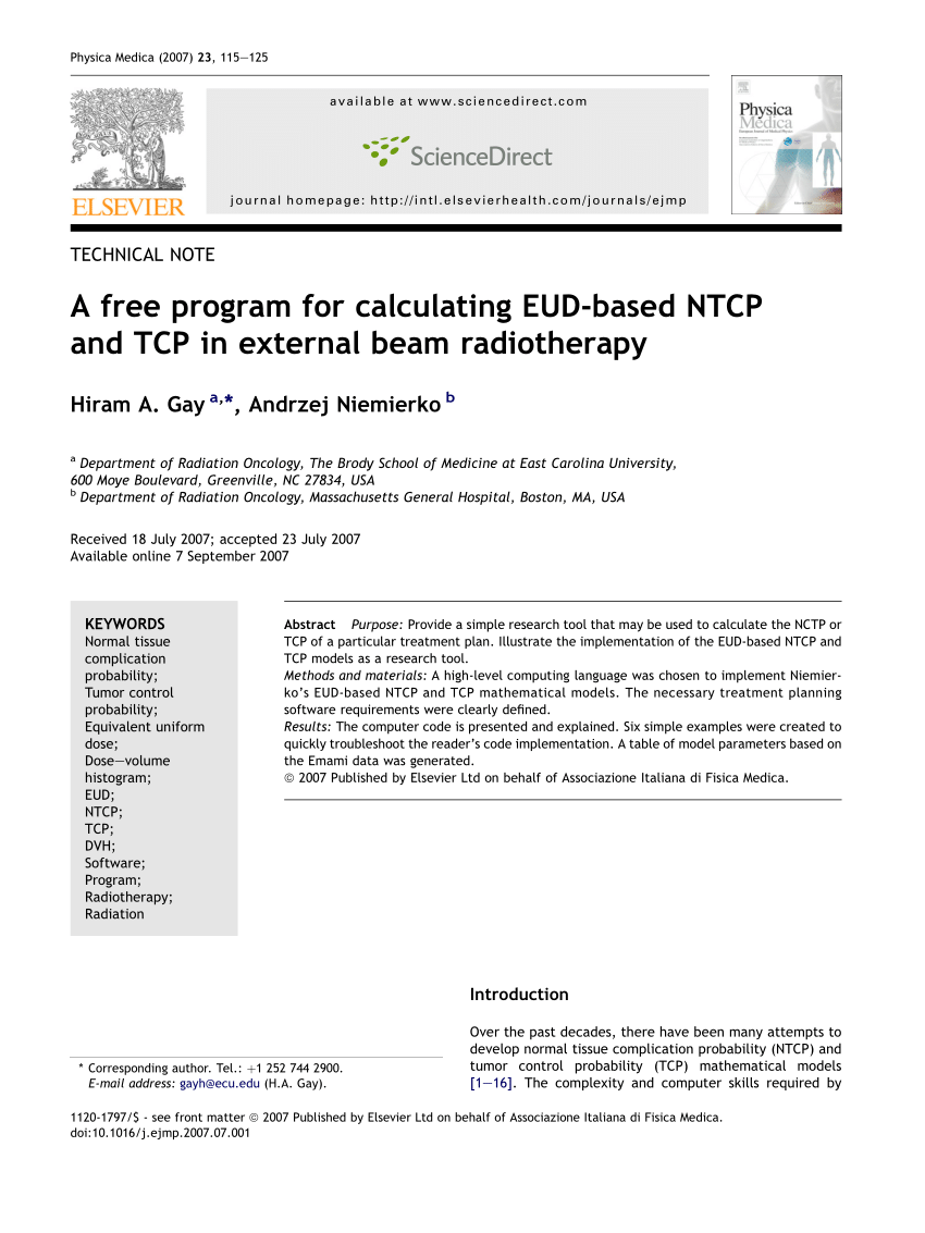 Pdf A Free Program For Calculating Eud Based Ntcp And Tcp In External Beam Radiotherapy