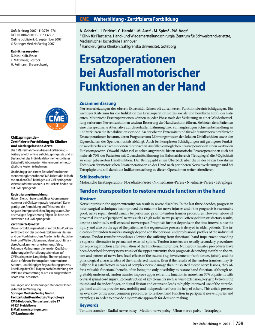 Pdf Tendon Transposition To Restore Muscle Function In The Hand