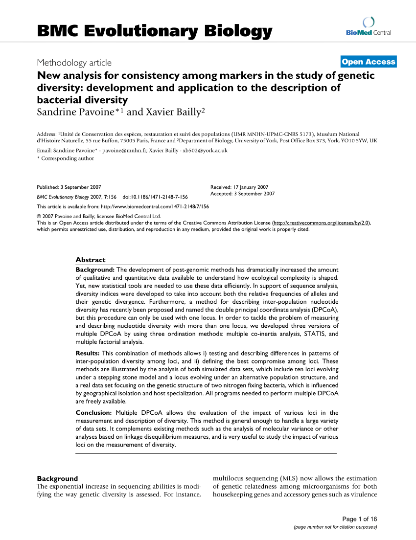 Pdf New Analysis For Consistency Among Markers In The Study Of Genetic Diversity Development And Application To The Description Of Bacterial Diversity