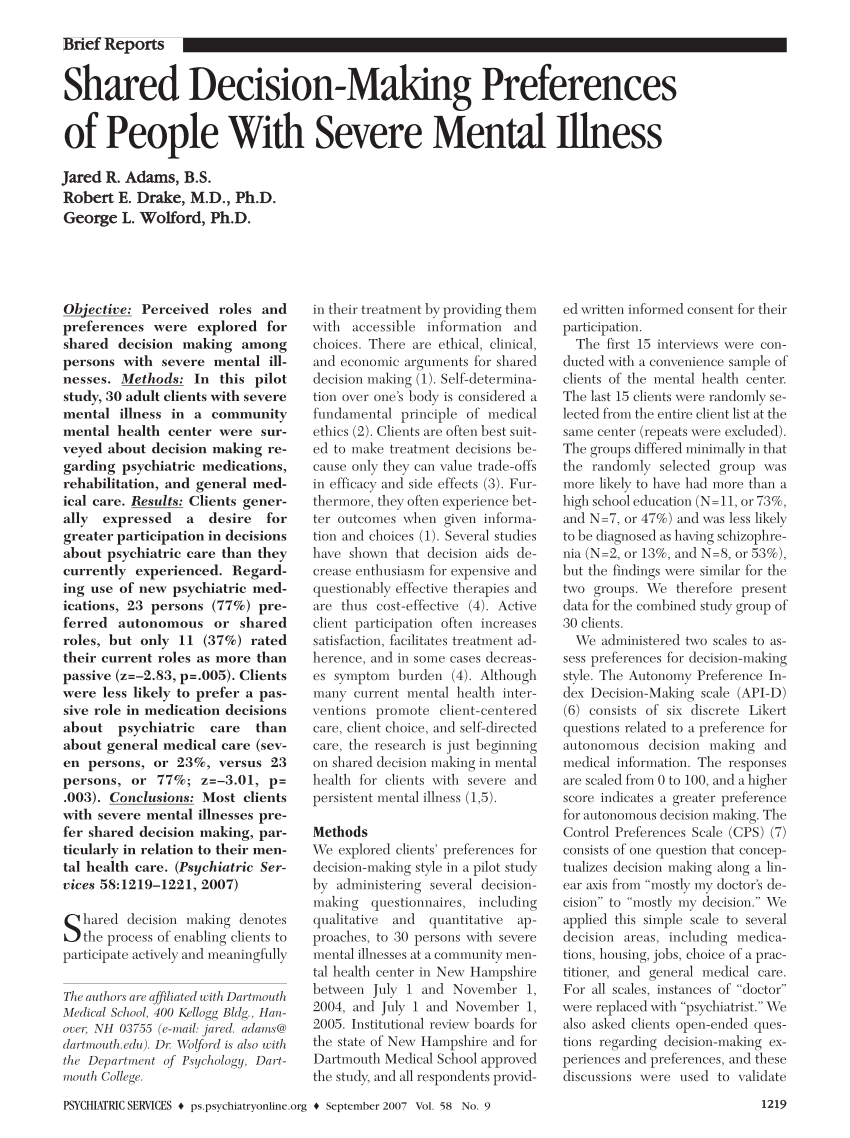 PDF Shared Decision Making Preferences of People With Severe