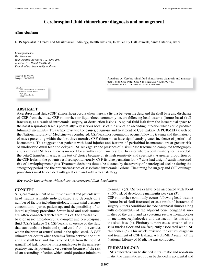 Pdf Cerebrospinal Fluid Rhinorrhoea Diagnosis And Management