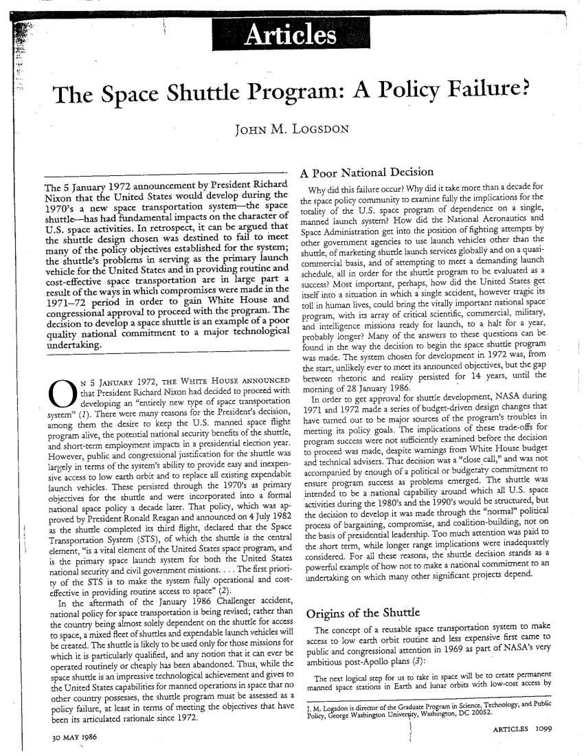 (PDF) The Space Shuttle Program: A Policy Failure?