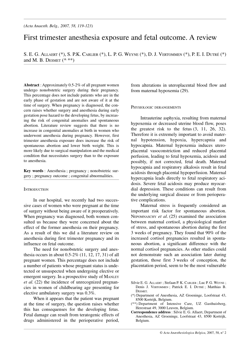 Pdf First Trimester Anesthesia Exposure And Fetal Outcome A Review