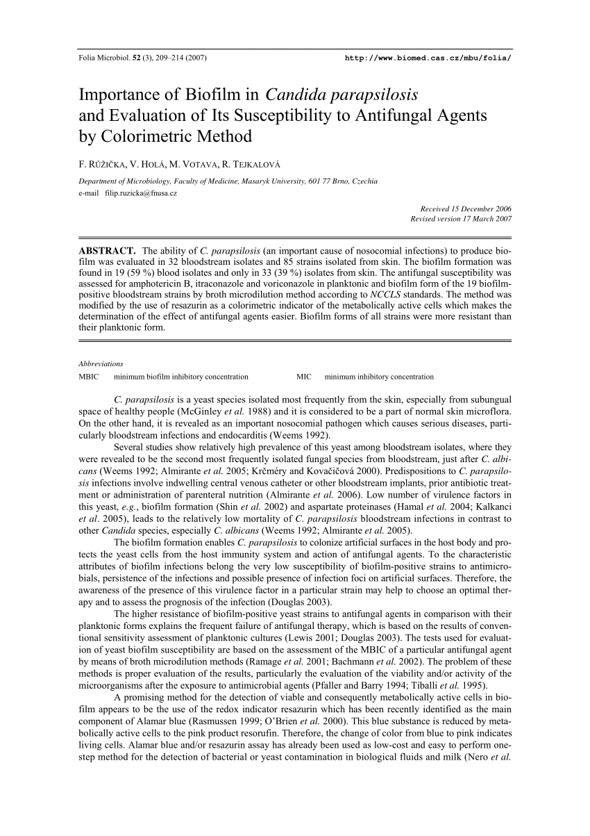 Pdf Importance Of Biofilm In Candida Parapsilosis And Evaluation Of Its Susceptibility To 