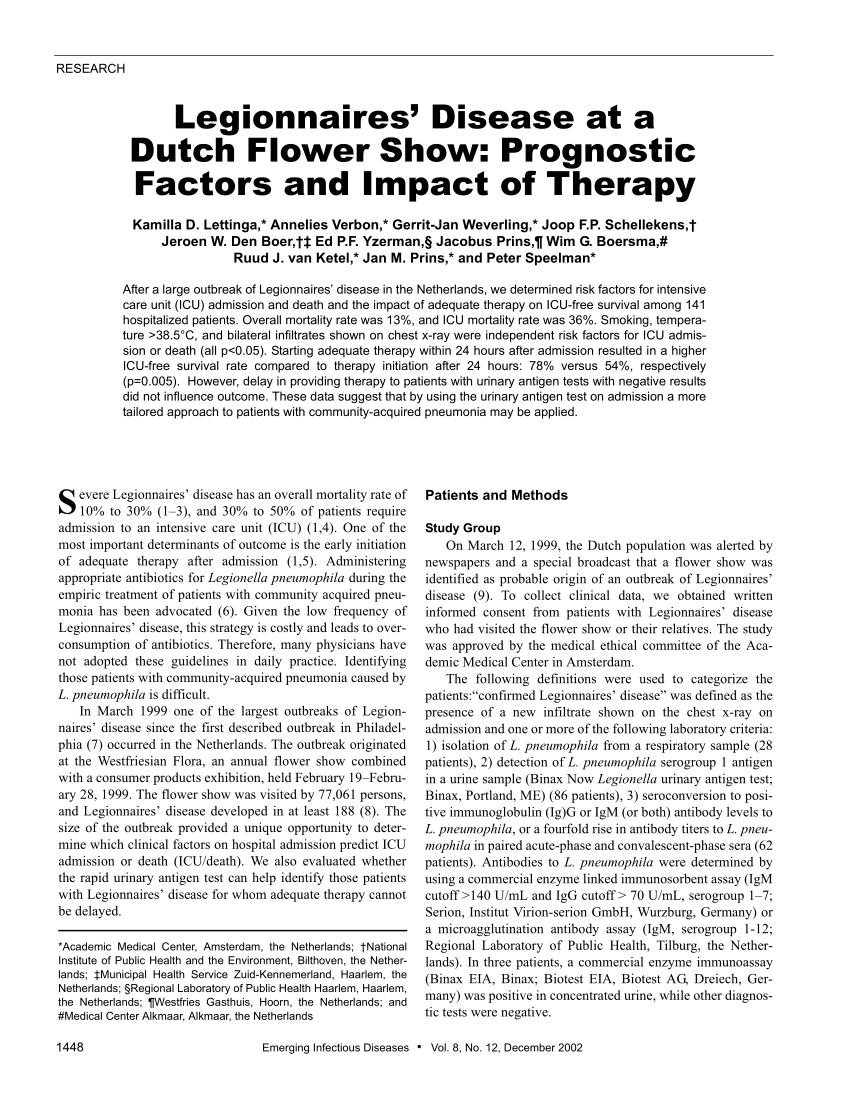 Pdf Legionnaires Disease At A Dutch Flower Show Prognostic