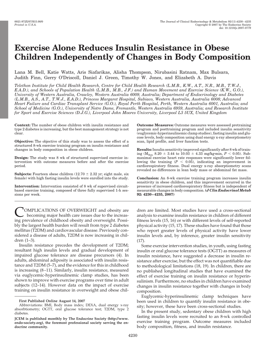 PDF) Exercise Alone Reduces Insulin Resistance in Obese Children  Independently of Changes in Body Composition