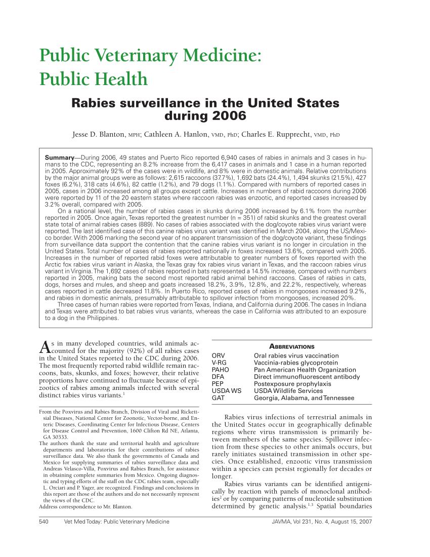 Pdf Rabies Surveillance In The United States During 2006