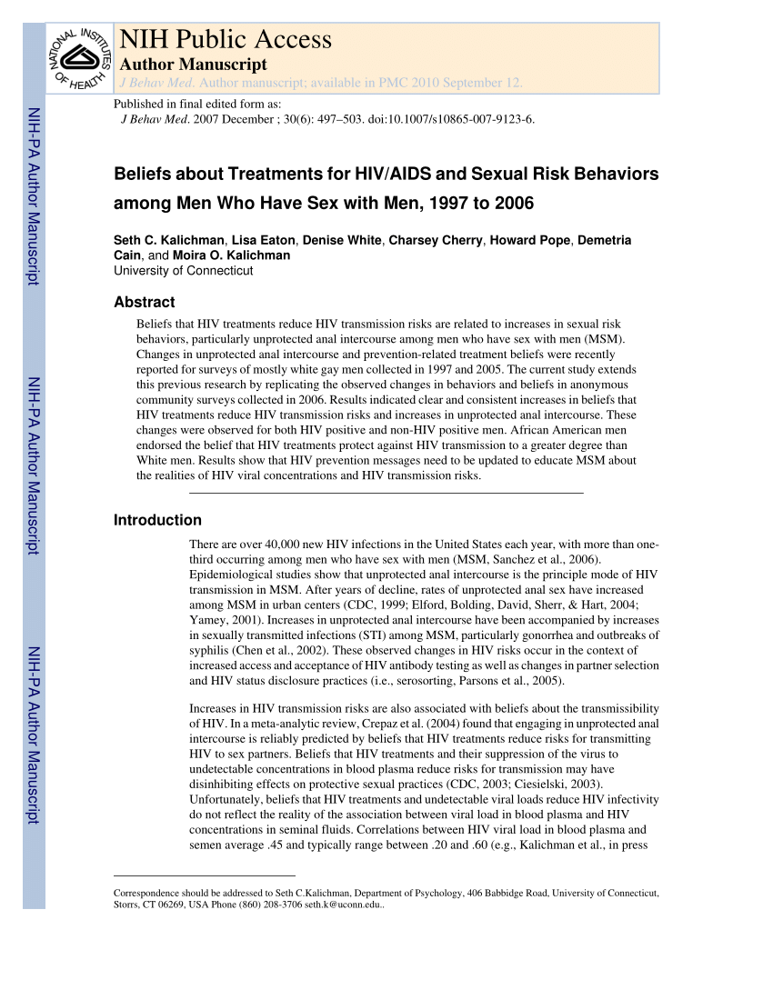 Pdf Beliefs About Treatments For Hivaids And Sexual Risk Behaviors Among Men Who Have Sex 