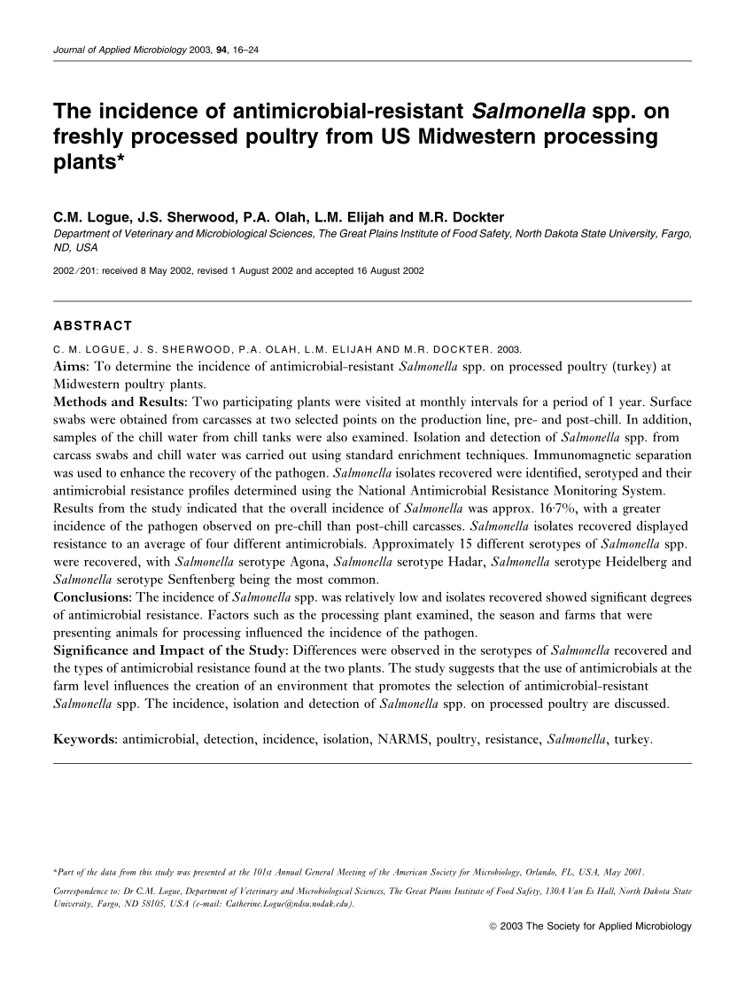 Pdf The Incidence Of Antimicrobial Resistant Salmonella Spp On Freshly Processed Poultry From Us Midwestern Processing Plants