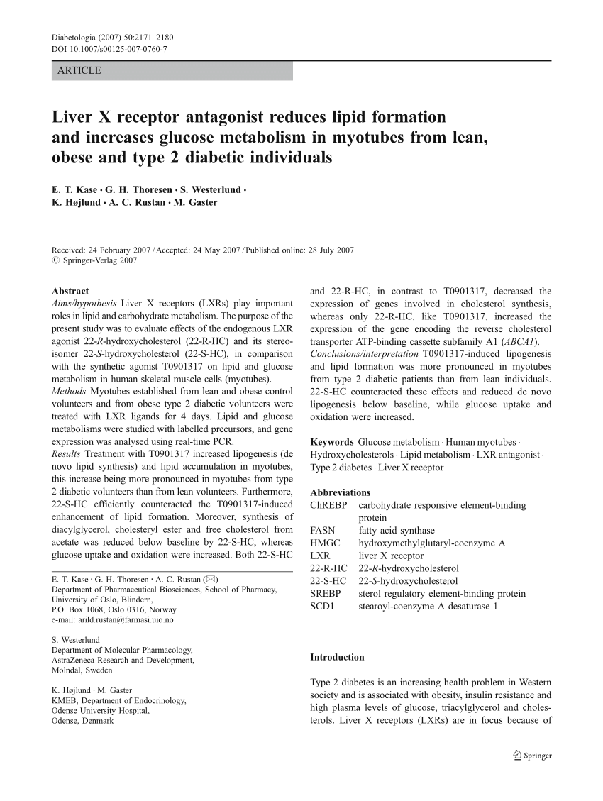 Massage Hvornår interferens PDF) Liver X receptor antagonist reduces lipid formation and increases  glucose metabolism in myotubes from lean, obese and type 2 diabetic  individuals