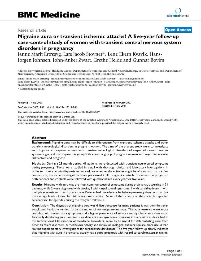 Pdf Migraine Aura Or Transient Ischemic Attacks A Five Year Follow Up Case Control Study Of Women With Transient Central Nervous System Disorders In Pregnancy