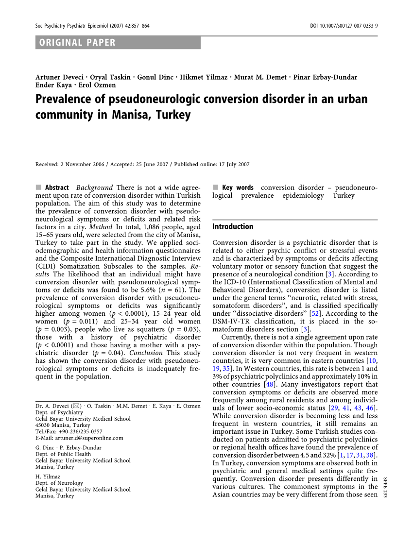 pdf) prevalence of pseudoneurologic conversion disorder in an urban