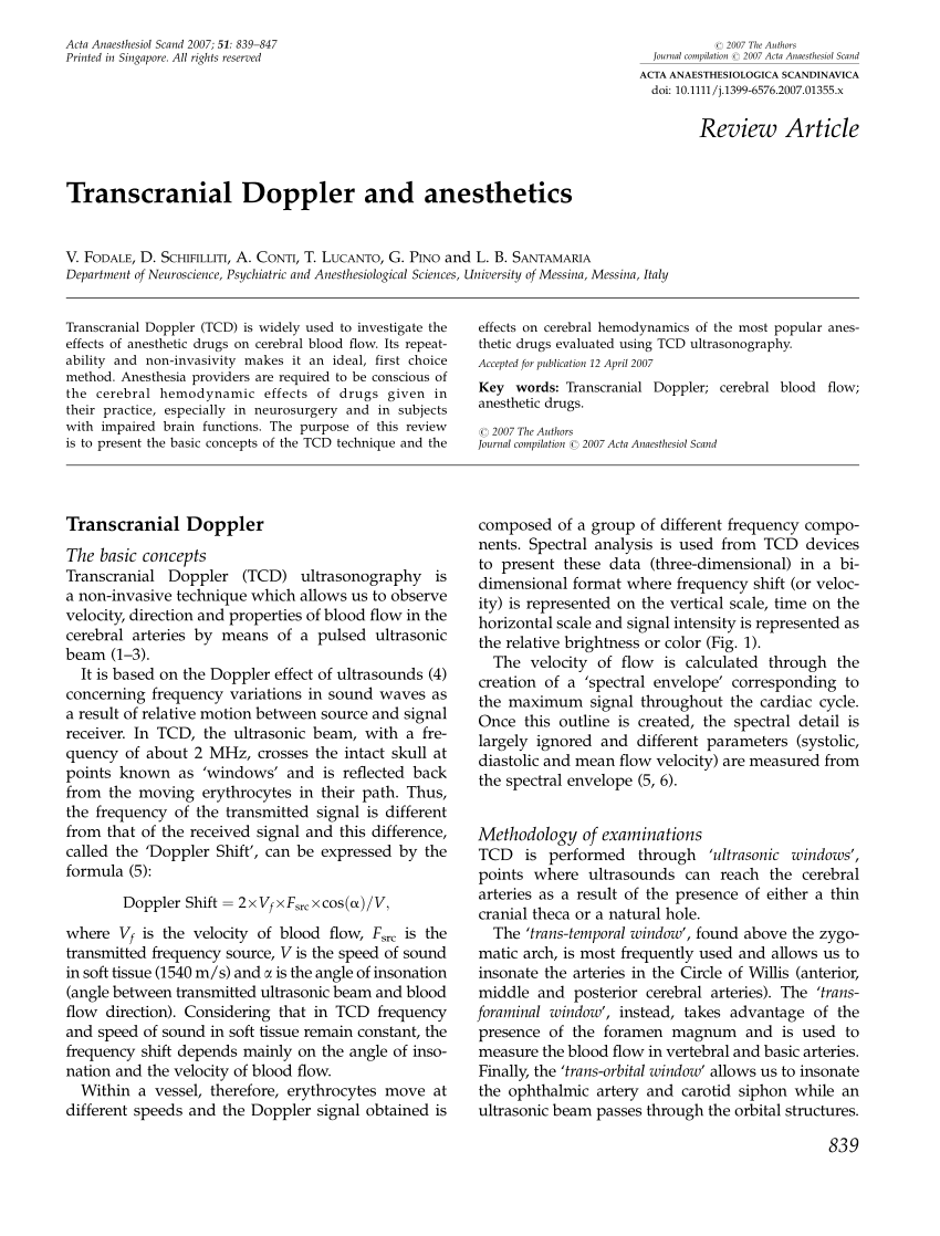 Pdf Transcranial Doppler And Anesthetics