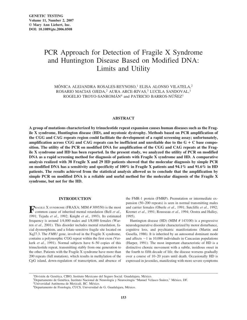 Pdf Pcr Approach For Detection Of Fragile X Syndrome And Huntington Disease Based On Modified Dna Limits And Utility