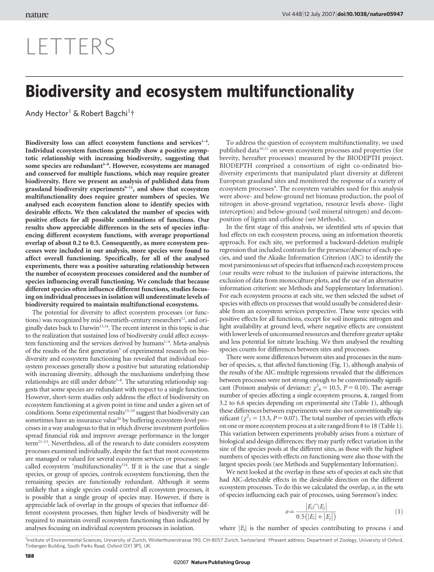 Pdf Hector A Bagchi R Biodiversity And Ecosystem Multifunctionality Nature 448 188 190
