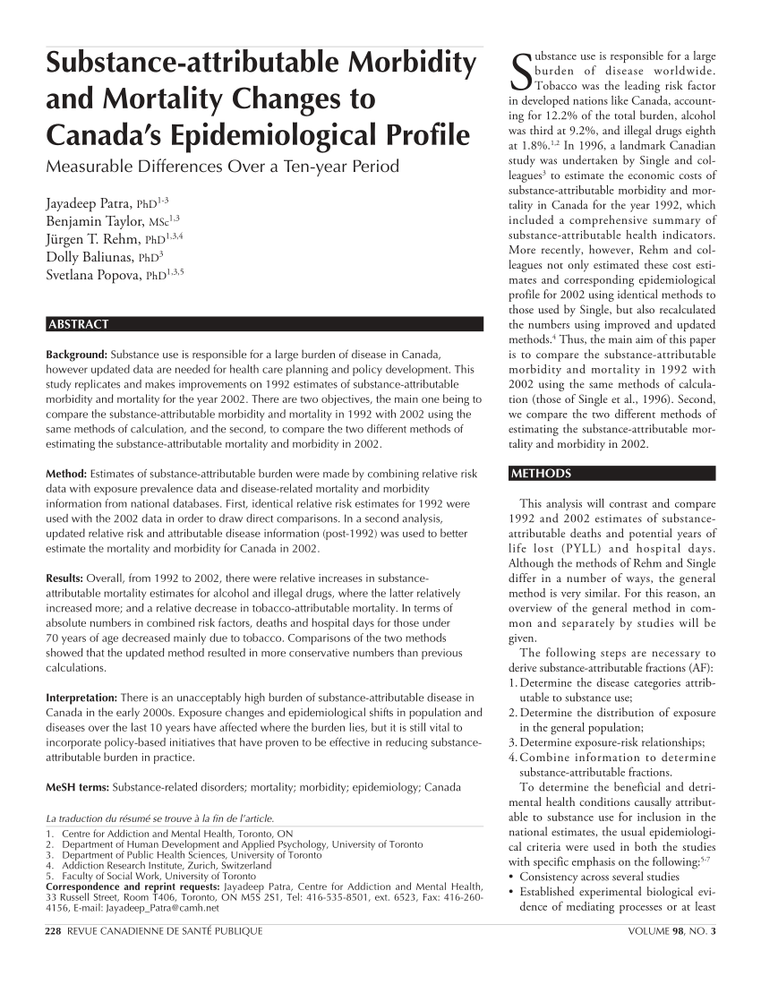 Pdf Substance Attributable Morbidity And Mortality Changes To Canada S Epidemiological Profile Measurable Differences Over A Ten Year Period