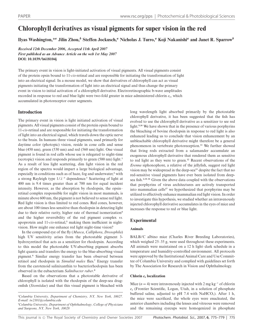 (PDF) Chlorophyll derivatives as visual pigments for super vision in