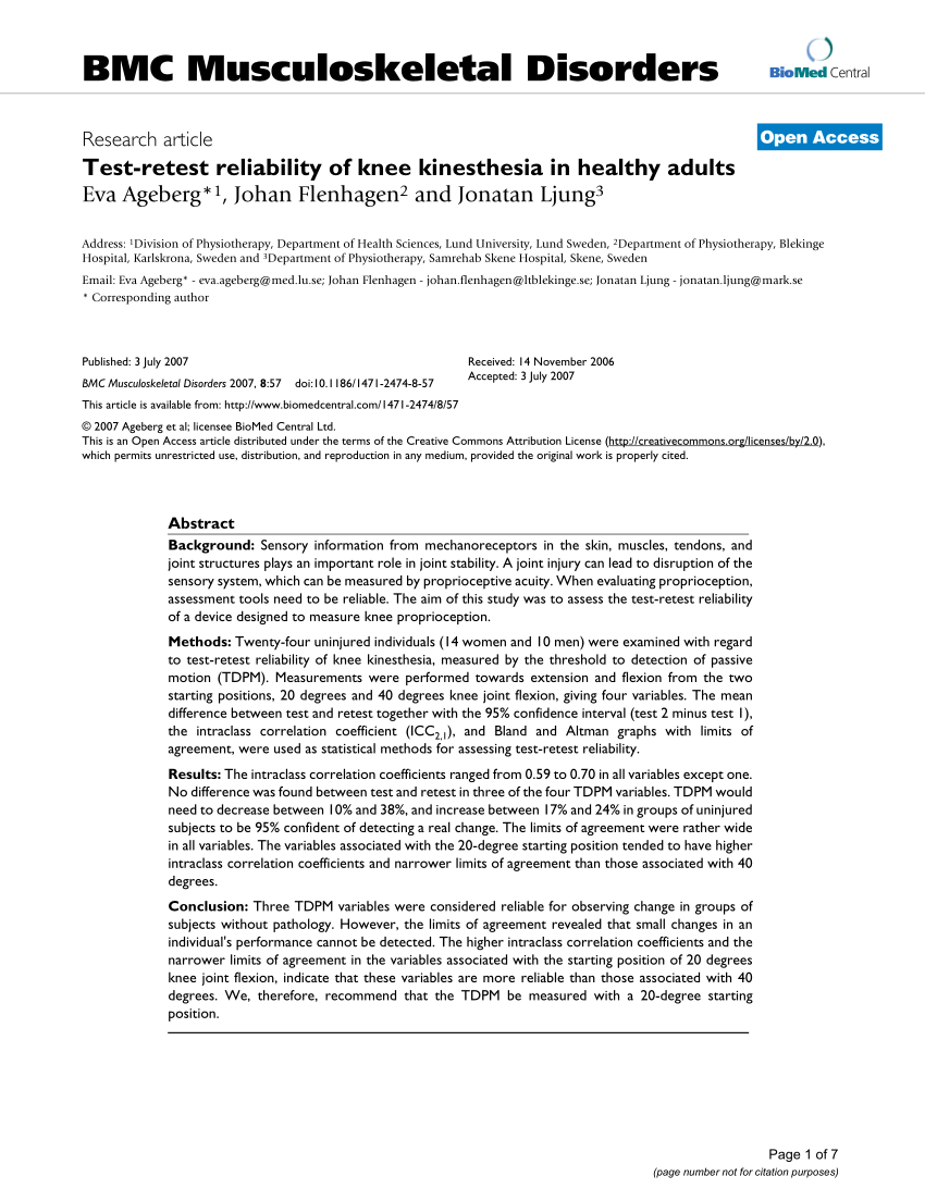 PDF Test retest reliability of knee kinesthesia in healthy adults