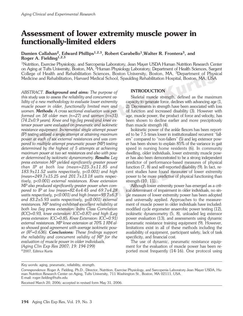 Pdf Assessment Of Lower Extremity Muscle Power In Functionally Limited Elders