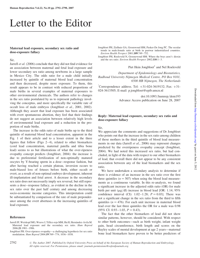 Pdf Maternal Lead Exposure Secondary Sex Ratio And Dose Exposure Fallacy 3265
