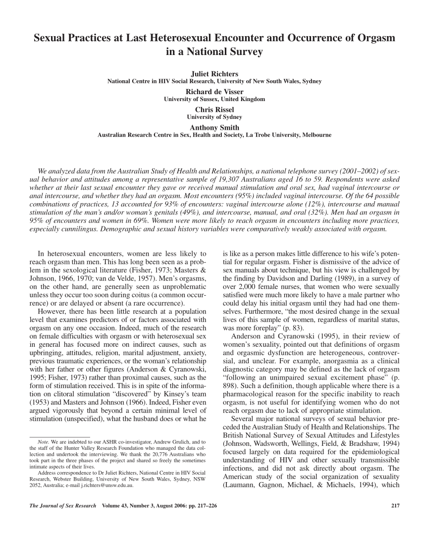 PDF) Sexual practices at last heterosexual encounter and occurrence of  orgasm in a national survey