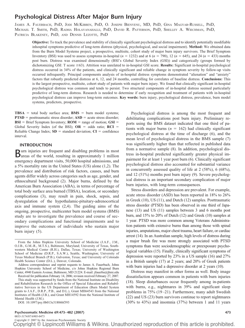 Psychological Distress after Burn Injury