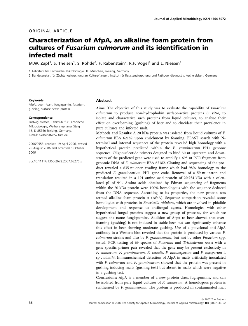 Pdf Characterization Of Afpa An Alkaline Foam Protein From Cultures Of Fusarium Culmorum And Its Identification In Infected Malt