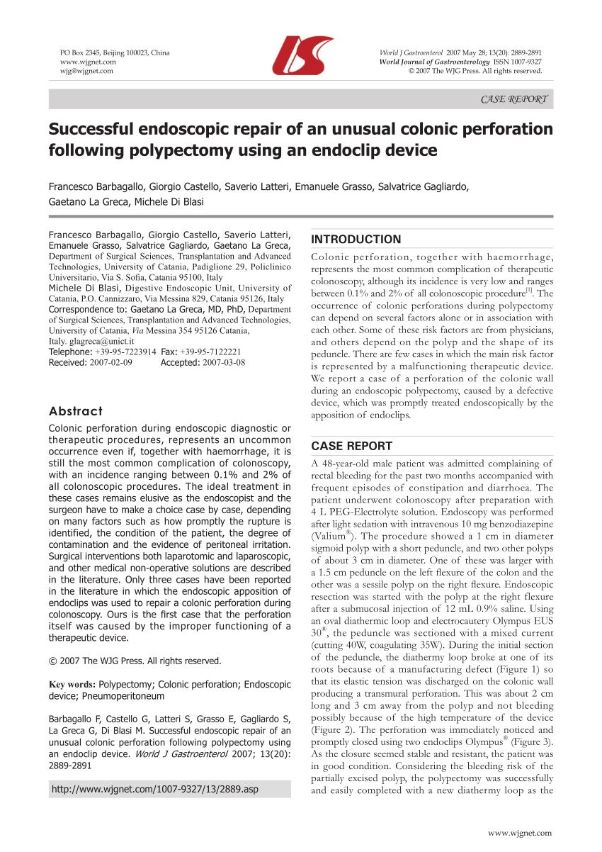 Pdf Successful Endoscopic Repair Of An Unusual Colonic Perforation Following Polypectomy Using 6001