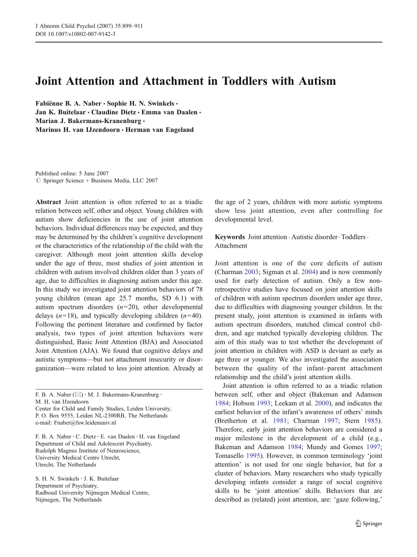 Pdf Joint Attention And Attachment In Toddlers With Autism