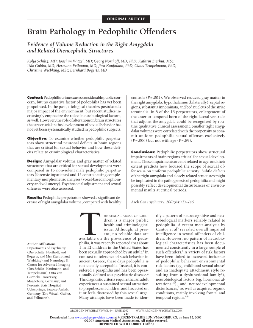 PDF) Brain Pathology in Pedophilic Offenders: Evidence of Volume Reduction  in the Right Amygdala and Related Diencephalic Structures